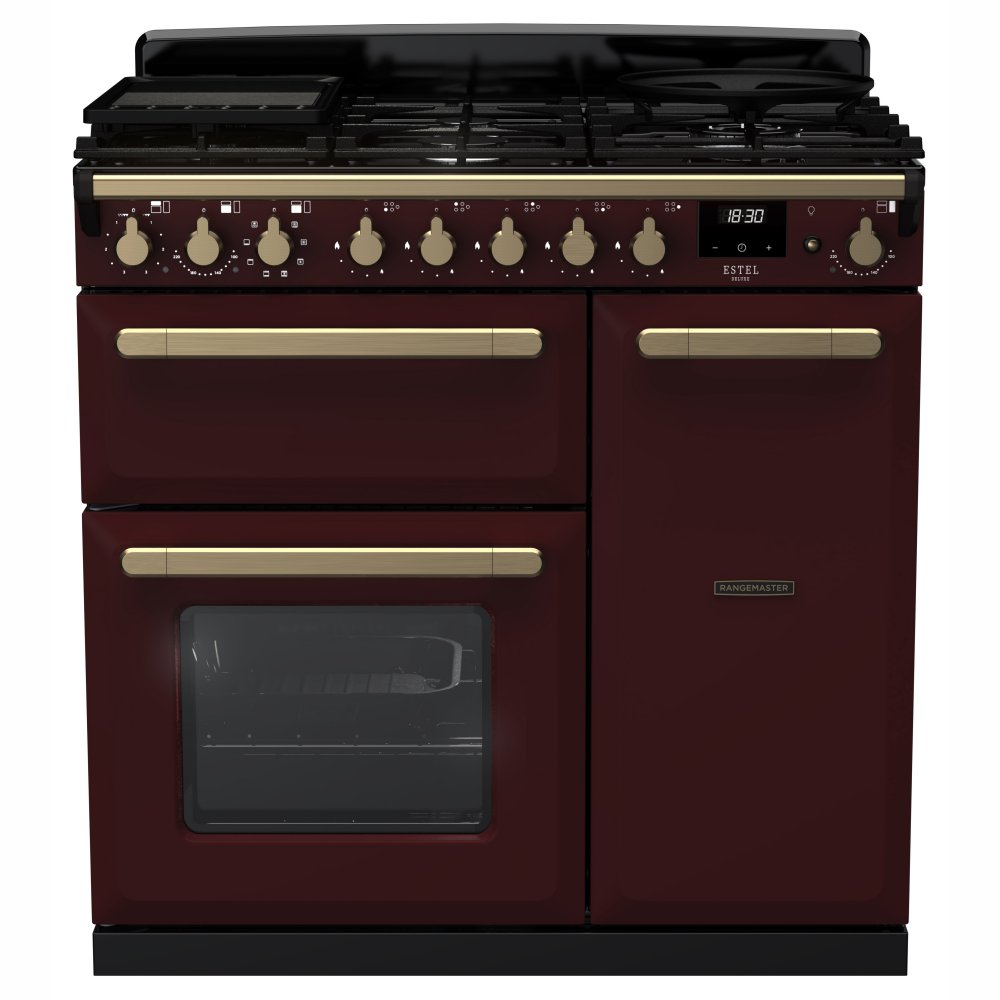 Rangemaster ESDL90DFPBOR/AB1 Estel Deluxe 90cm Dual Fuel Range Cooker With Antique Brass Trim 18035 - BORDEAUX