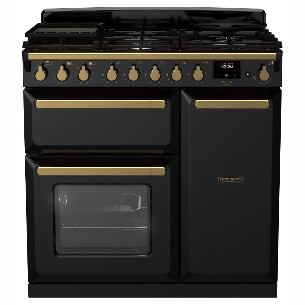 Rangemaster ESDL90DFPGBL/AB1 Estel Deluxe 90cm Dual Fuel Range Cooker With Antique Brass Trim 18032 - BLACK