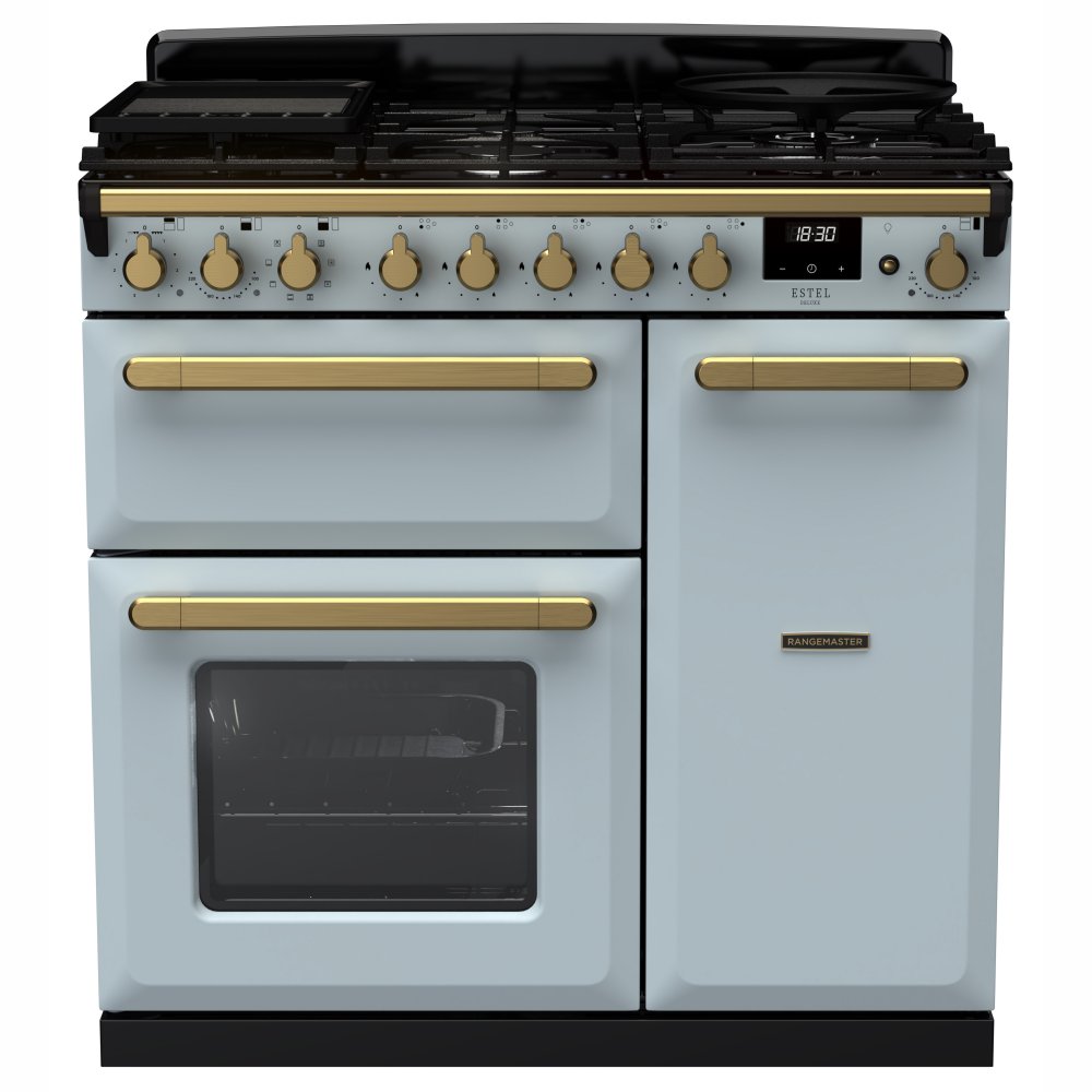 Rangemaster ESDL90DFPMSB/AB1 Estel Deluxe 90cm Dual Fuel Range Cooker With Antique Brass Trim 18036 - MISTY BLUE