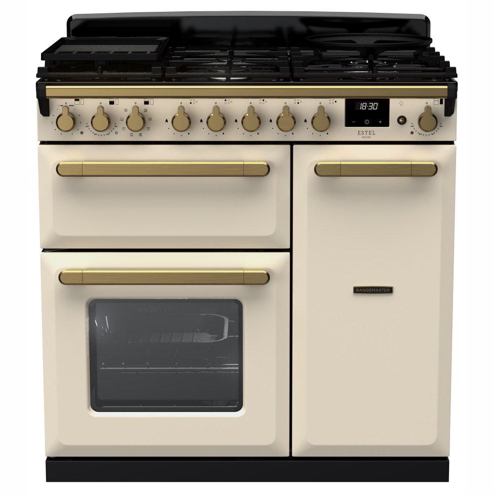 Rangemaster ESDL90DFPPCR/AB1 Estel Deluxe 90cm Dual Fuel Range Cooker With Antique Brass Trim 18034 - PALE CREAM