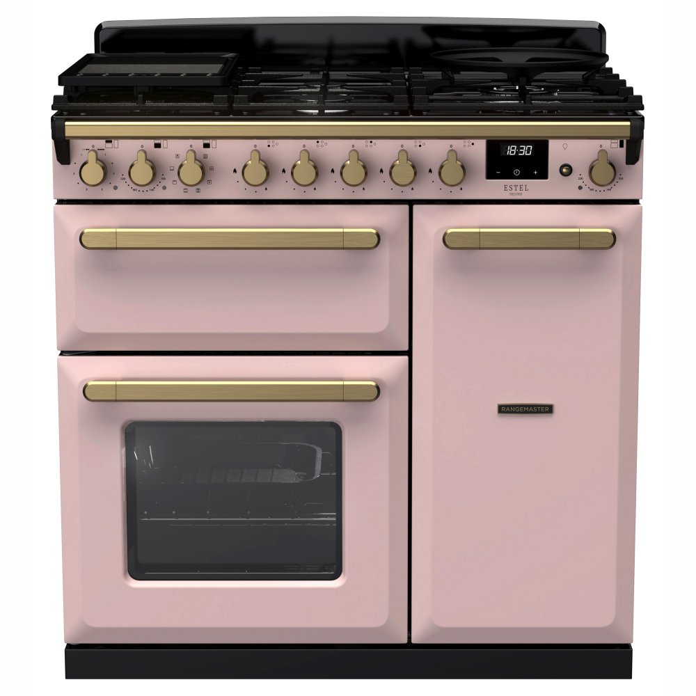 Rangemaster ESDL90DFPPPK/AB1 Estel Deluxe 90cm Dual Fuel Range Cooker With Antique Brass Trim 18037 - PALE PINK