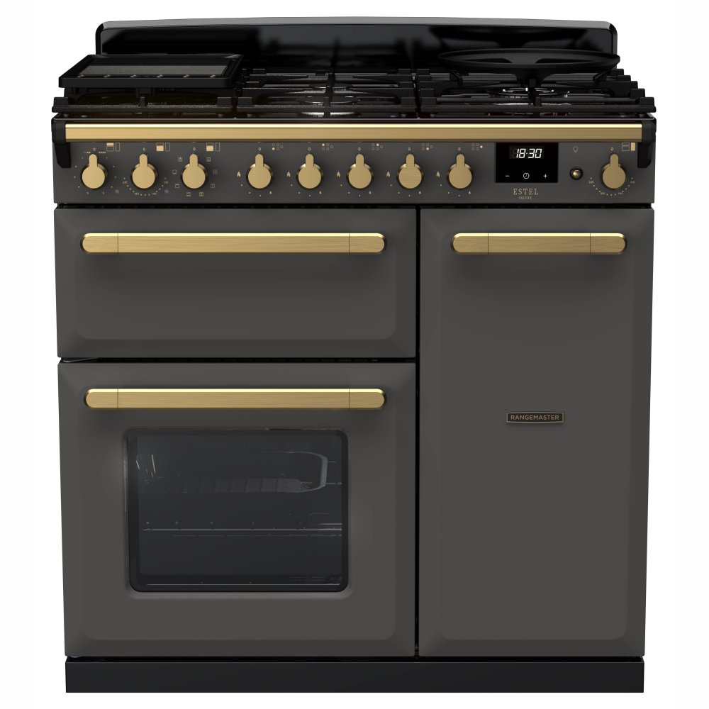 Rangemaster ESDL90DFPSLT/AB1 Estel Deluxe 90cm Dual Fuel Range Cooker With Antique Brass Trim 18033 - SLATE
