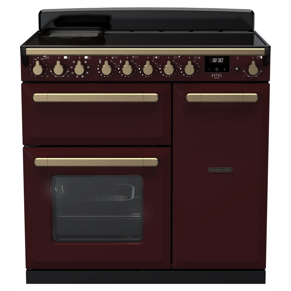 Rangemaster ESDL90EIPBOR/AB1 Estel Deluxe 90cm Induction Range Cooker With Antique Brass Trim 18056 - BORDEAUX