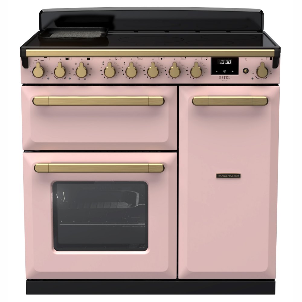 Rangemaster ESDL90EIPPPK/AB1 Estel Deluxe 90cm Induction Range Cooker With Antique Brass Trim 18058 - PALE PINK