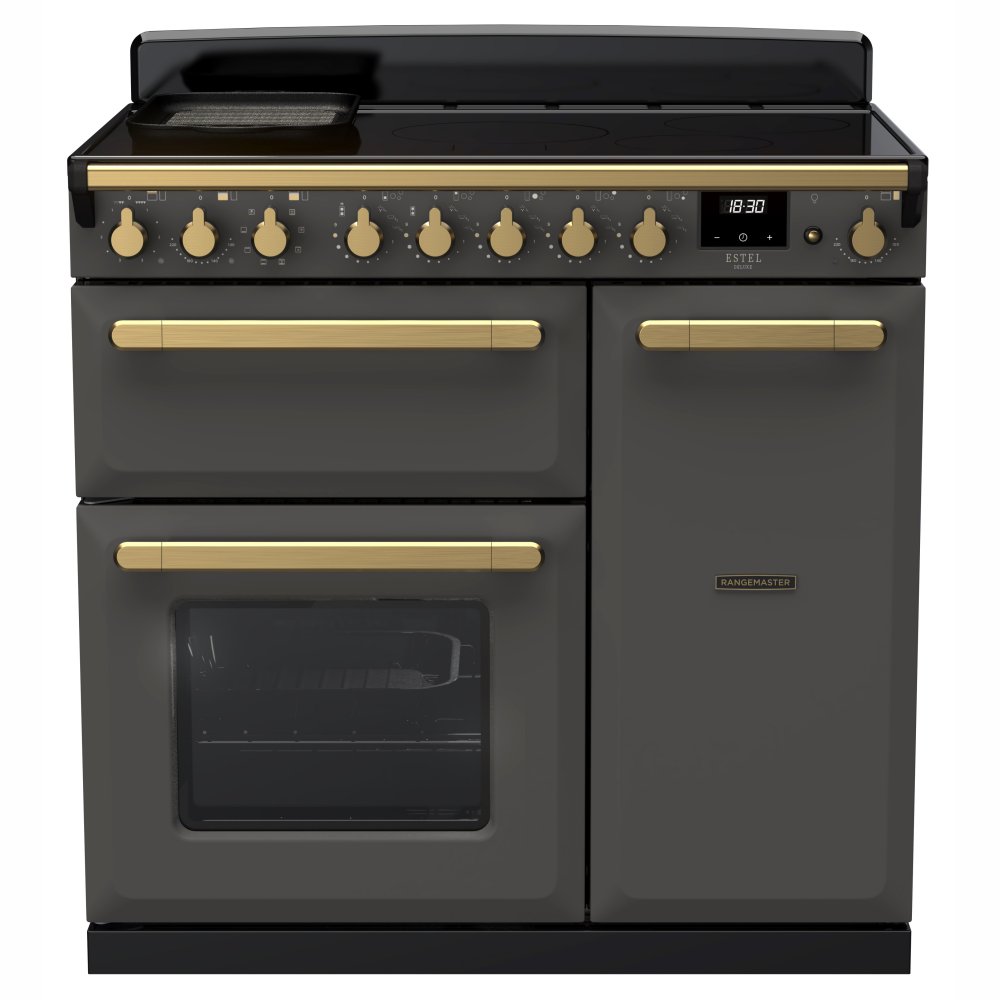 Rangemaster ESDL90EIPSLT/AB1 Estel Deluxe 90cm Induction Range Cooker With Antique Brass Trim 18054 - SLATE