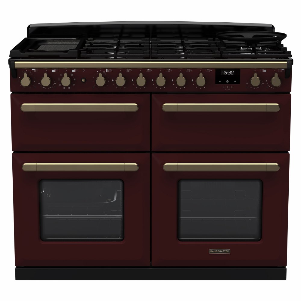 Rangemaster ESDLB110DFPBOR/AB1 Estel Deluxe BC 110cm Dual Fuel Range Cooker With Antique Brass Trim 18147 - BORDEAUX