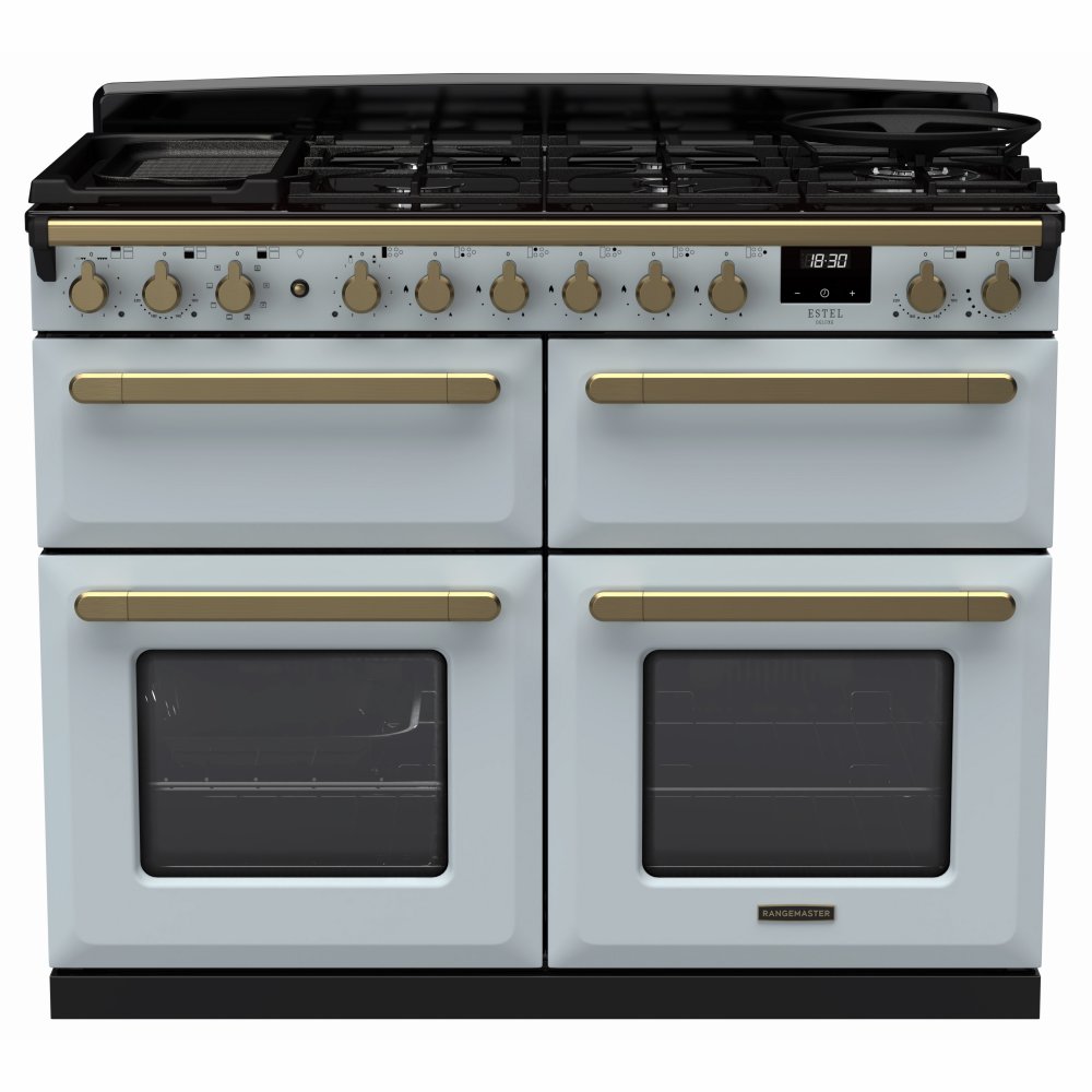 Rangemaster ESDLB110DFPMSB/AB1 Estel Deluxe BC 110cm Dual Fuel Range Cooker With Antique Brass Trim 18148 - MISTY BLUE