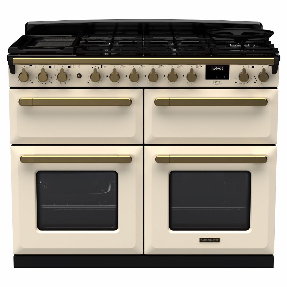 Rangemaster ESDLB110DFPPCR/AB1 Estel Deluxe BC 110cm Dual Fuel Range Cooker With Antique Brass Trim 18146 - PALE CREAM