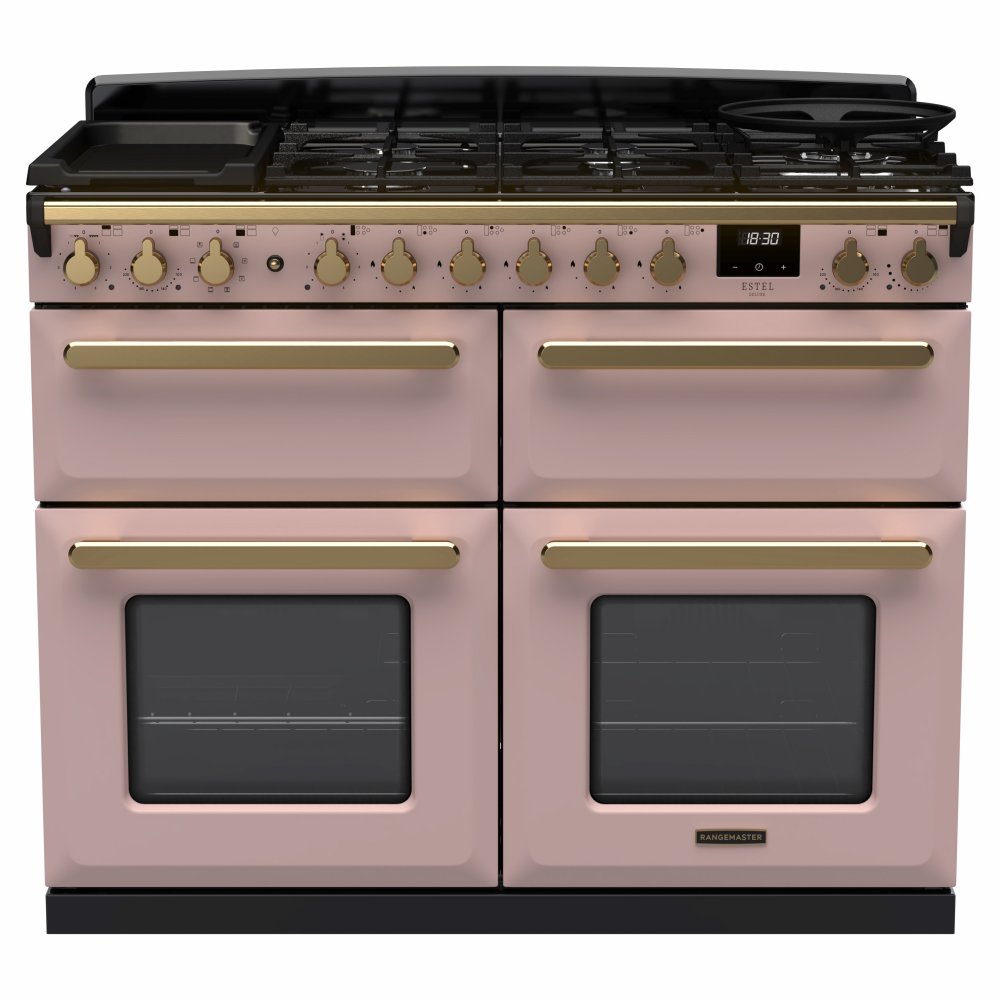 Rangemaster ESDLB110DFPPPK/AB1 Estel Deluxe BC 110cm Dual Fuel Range Cooker With Antique Brass Trim 18149 - PALE PINK