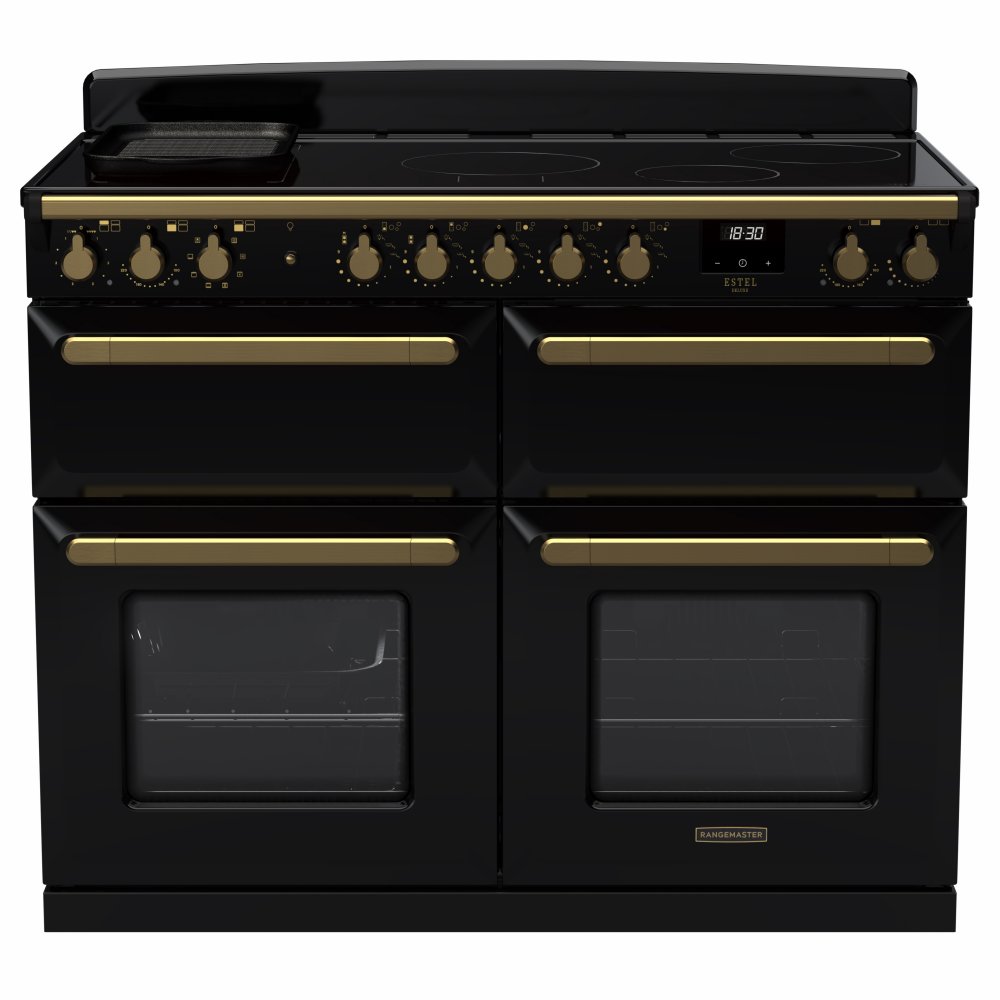 Rangemaster ESDLB110EIPGBL/AB1 Estel Deluxe BC 110cm Induction Range Cooker With Antique Brass Trim 18165 - BLACK