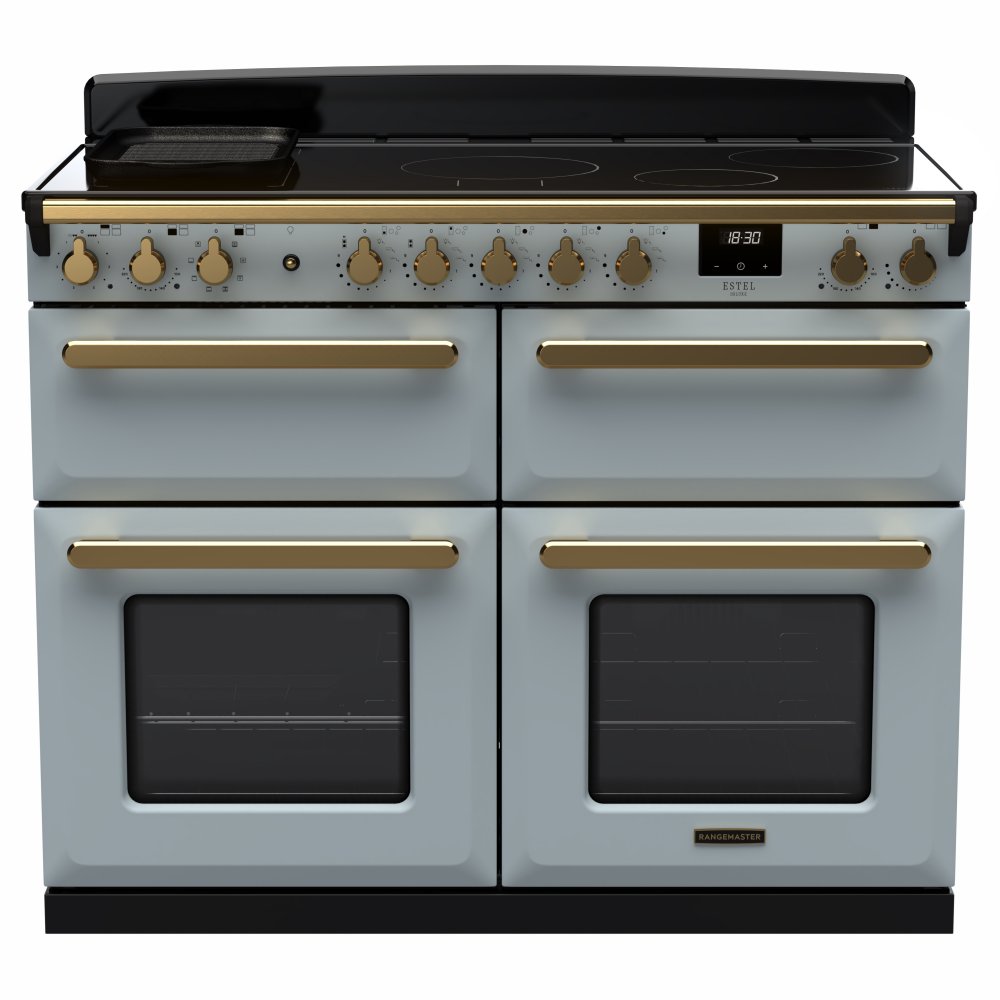 Rangemaster ESDLB110EIPMSB/AB1 Estel Deluxe BC 110cm Induction Range Cooker With Antique Brass Trim 18169 - MISTY BLUE