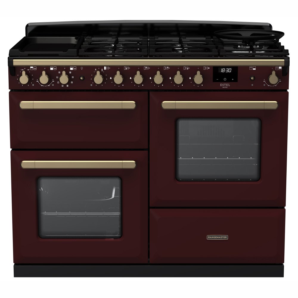 Rangemaster ESDLO110DFPBOR/AB1 Estel Deluxe OC 110cm Dual Fuel Range Cooker With Antique Brass Trim 18105 - BORDEAUX