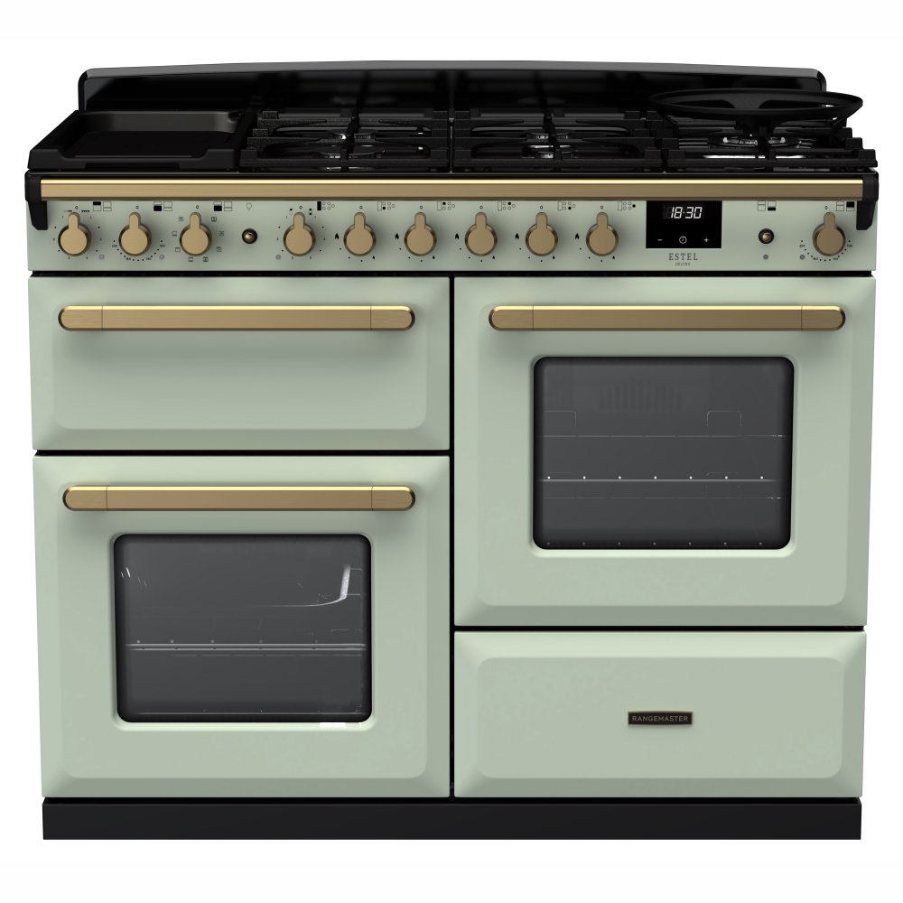 Rangemaster ESDLO110DFPMNT/AB1 Estel Deluxe OC 110cm Dual Fuel Range Cooker With Antique Brass Trim 18108 - MINT