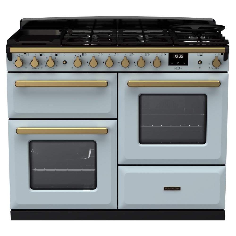 Rangemaster ESDLO110DFPMSB/AB1 Estel Deluxe OC 110cm Dual Fuel Range Cooker With Antique Brass Trim 18106 - MISTY BLUE