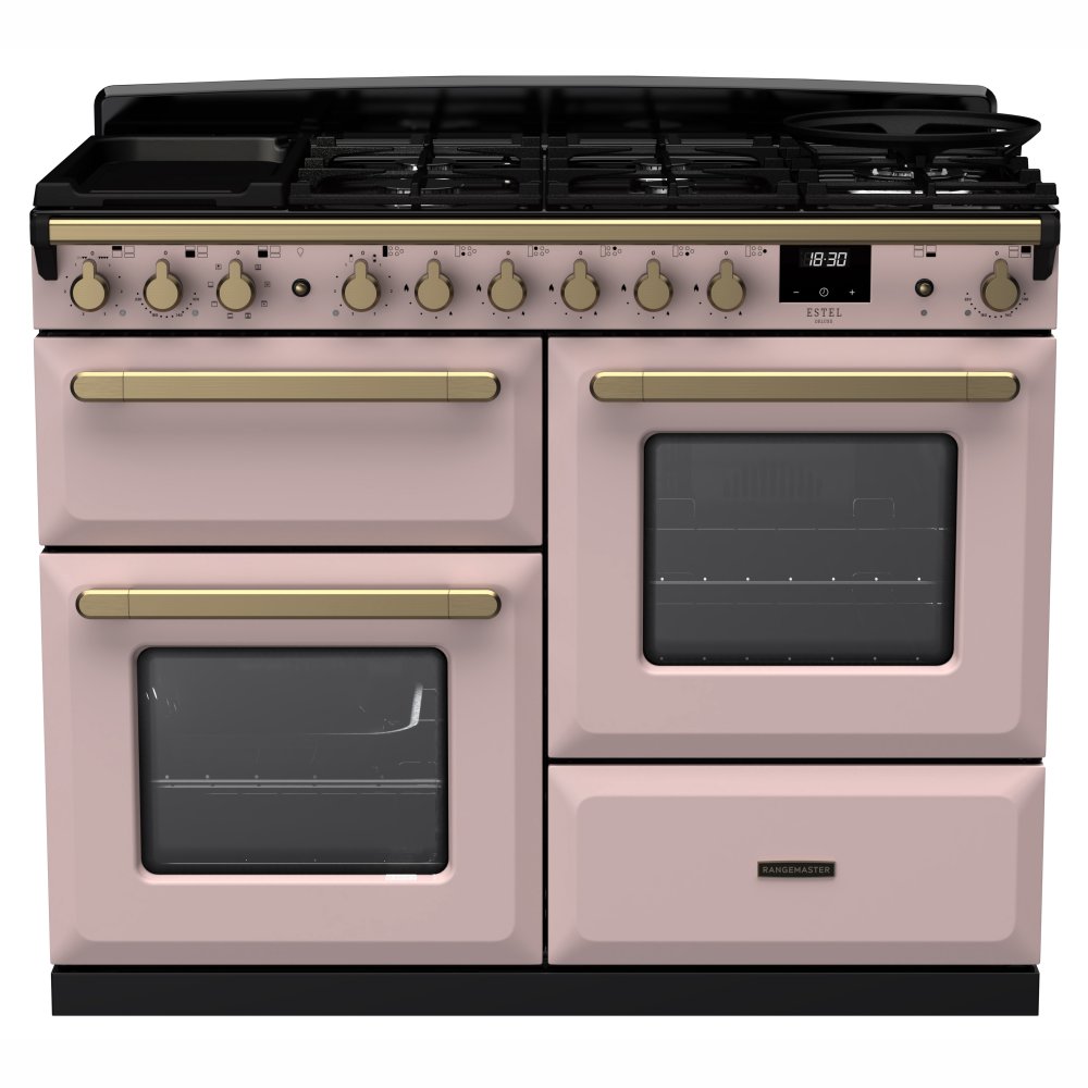 Rangemaster ESDLO110DFPPPK/AB1 Estel Deluxe OC 110cm Dual Fuel Range Cooker With Antique Brass Trim 18107 - PALE PINK
