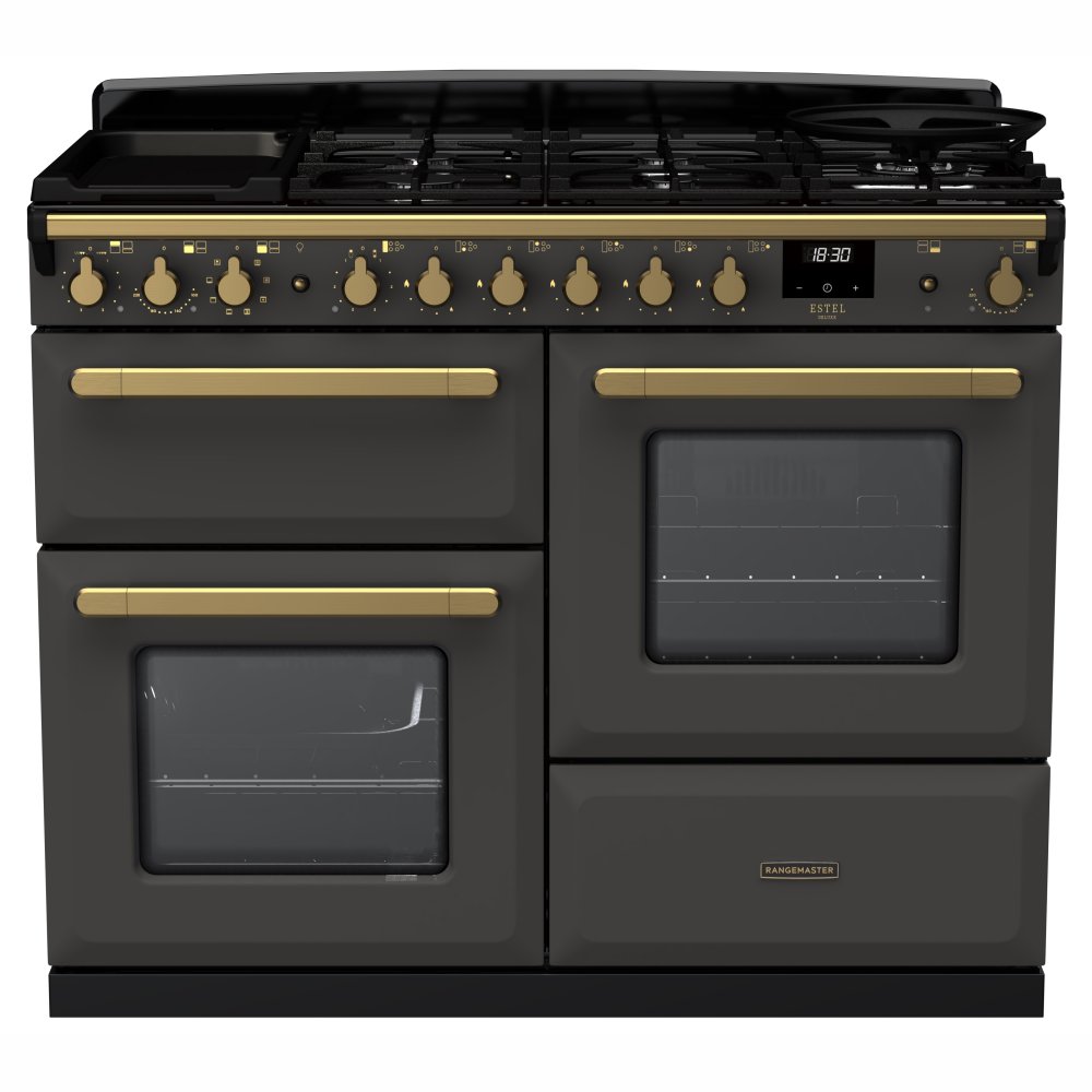 Rangemaster ESDLO110DFPSLT/AB1 Estel Deluxe OC 110cm Dual Fuel Range Cooker With Antique Brass Trim 18103 - SLATE
