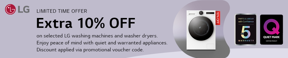 Limited time offer. Extra 10% off. on selected LG washing machines and washer dryers. Enjoy peace of mind with quiet and warranted appliances. Discount applied via promotional voucher code.