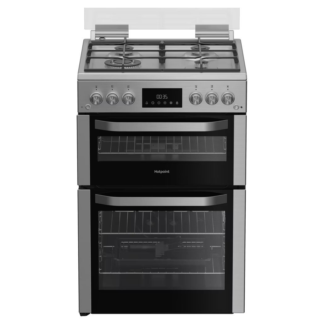 Hotpoint HDG6GDCWX 60cm Double Oven Gas Cooker with Glass Lid in Stain