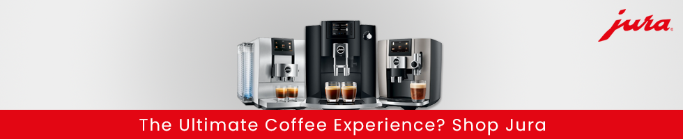 Three Jura coffee machines on a grey background with feature text saying: The ultimate coffee experience? Shop Jura'