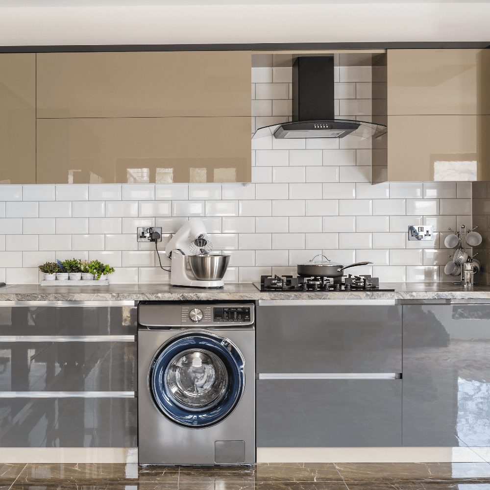 this kitchen mixes and matches different appliance brands and colours