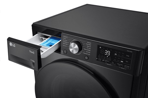 a black freestanding LG washer dryer