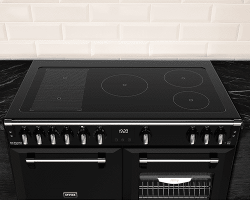 Close up of a Stoves induction range cooker, showing the 5 zones on the induction hob top.