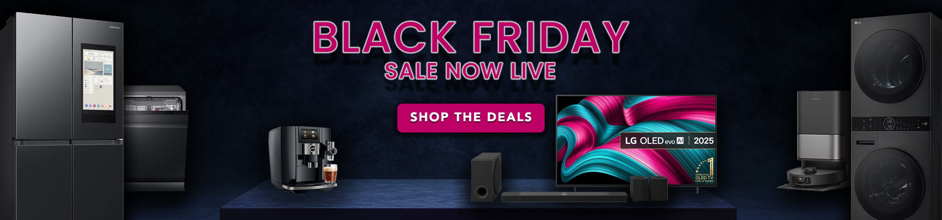 Dark image of multiple black appliances including an American style fridge freezer, dishwasher, coffee machine, TV and washer dryer. The text says Black Friday sale now live, with a button that says 'Shop the deals'
