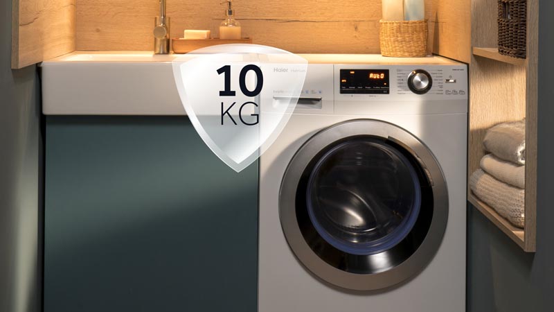 Haier washing machine with a 10kg capacity badge