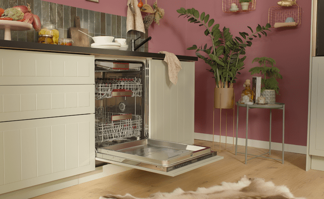 NEFF fully integrated dishwasher, with its door fully open.