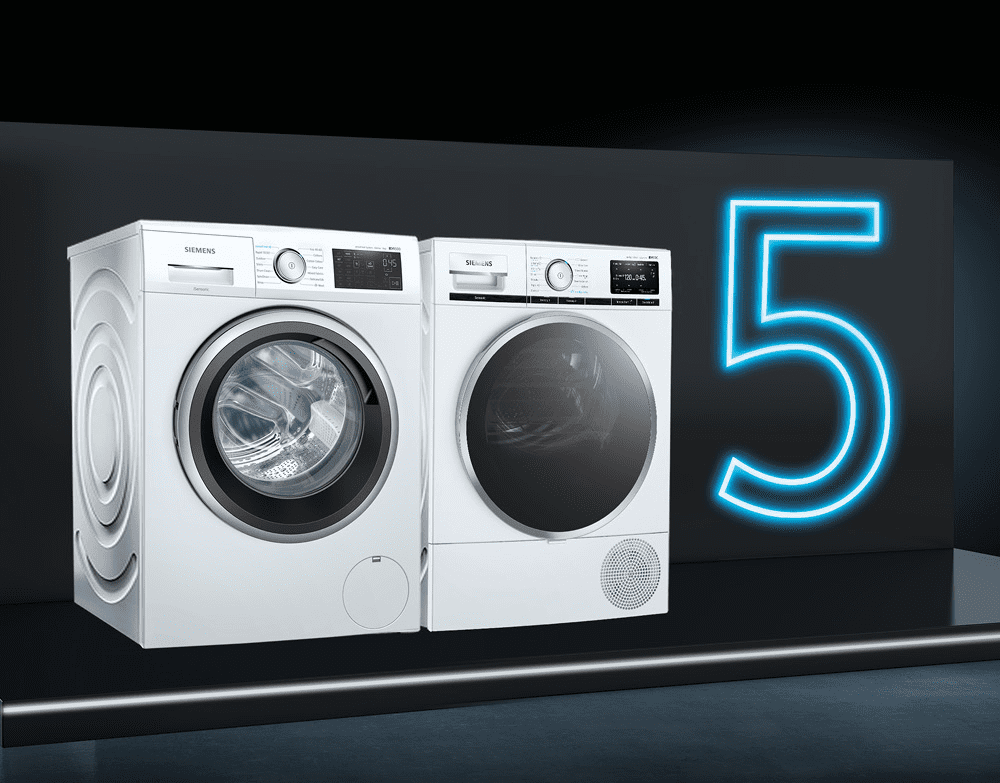 Image of two Siemens laundry appliances in white, sat against a black background next to an illuminated '5' sign.