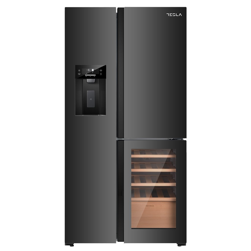 Tesla T530TDBG American Fridge Freezer With Wine Cooler, Water & Ice – BLACK