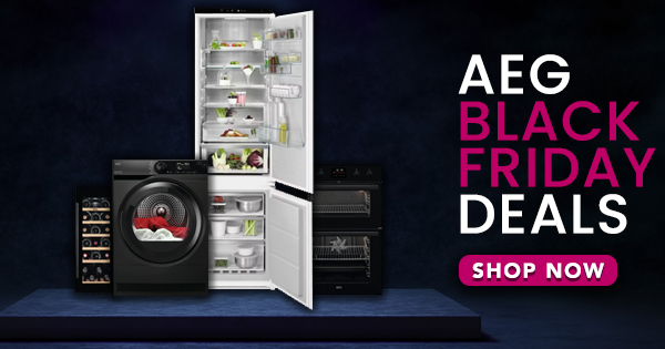 Dark image of multiple AEG appliances with text that says 'AEG Black Friday Deals - Shop Now'