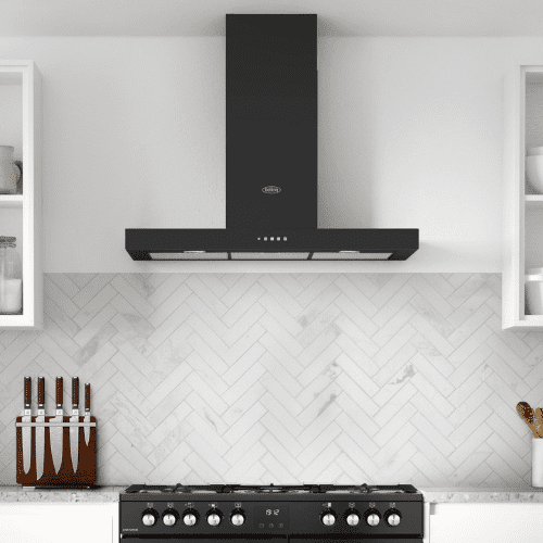 Close up of a Belling black flat chimney hood positioned about a Belling mini range cooker in a white modern kitchen.