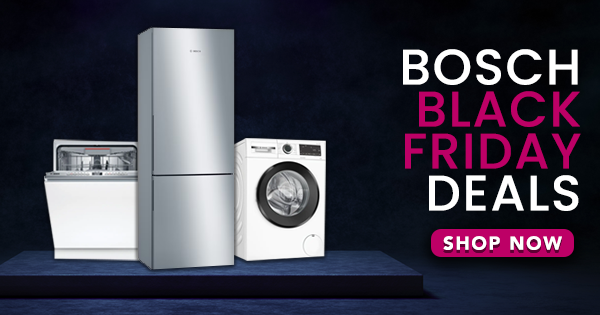 Dark image of multiple Bosch appliances with text that says 'Bosch Black Friday Deals - Shop Now'