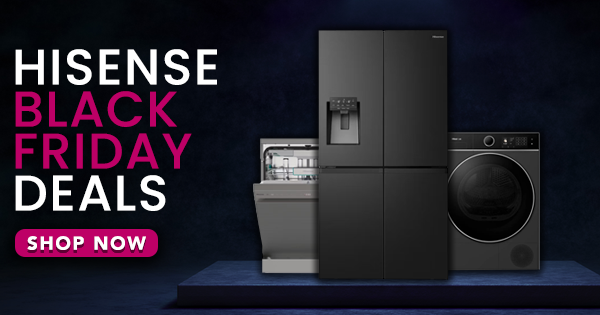 Dark image of multiple Hisense appliances with text that says 'Hisense Black Friday Deals - Shop Now'