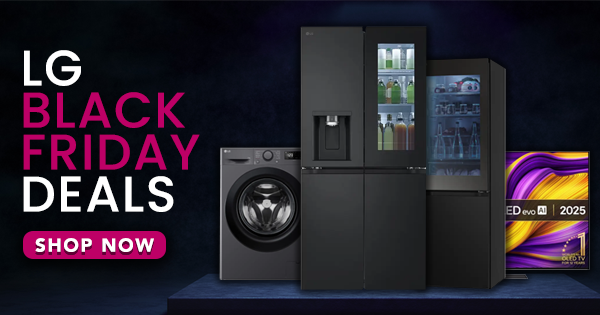 Dark image of multiple LG appliances with text that says 'LG Black Friday Deals - Shop Now'