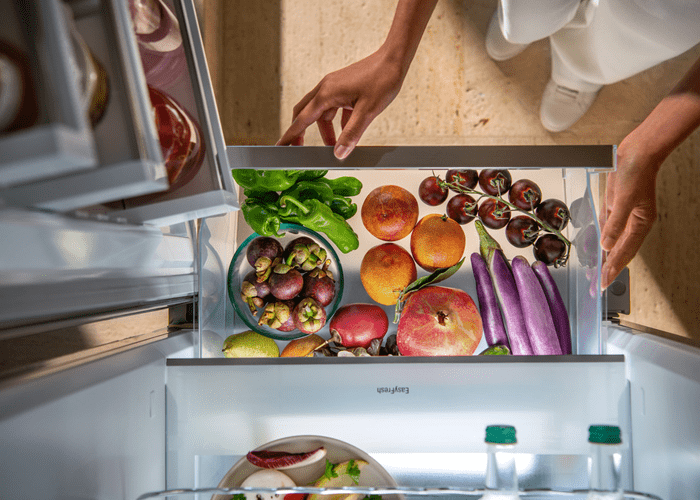 Close up of fresh fruit and vegetables in a Liebherr EasyFresh safe.