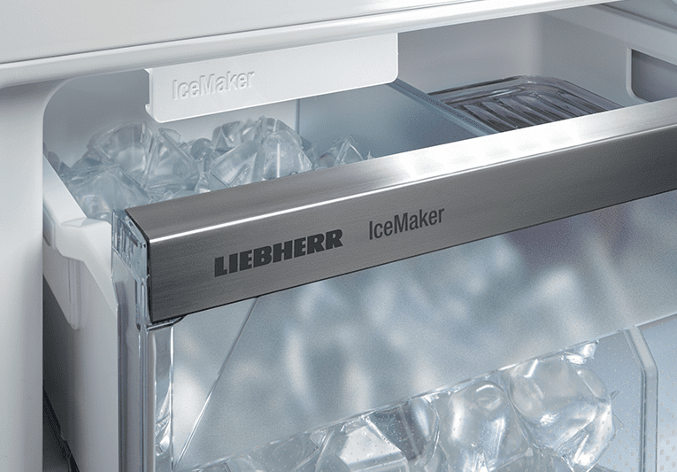 Close up of a Liebherr freezer drawer filled with ice cubes