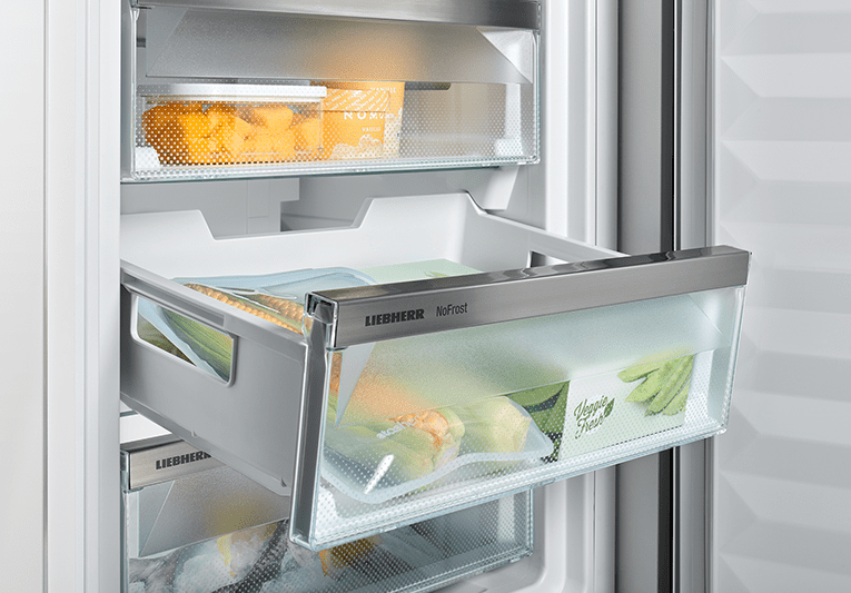 Close up of a Liebherr NoFrost freezer with the top drawer open.