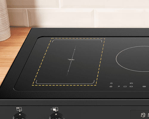 Close up of a Belling range cooker hob top, highlighting link plus technology