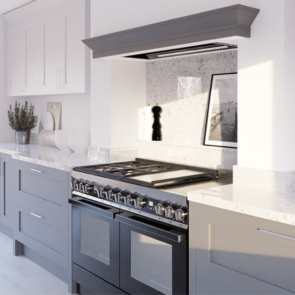 A Miro Ethos canopy hood fitted in a country style kitchen above a range cooker.