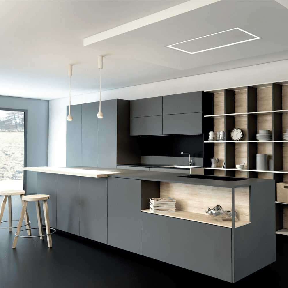 A Miro Ga-Filo ceiling hood in a white kitchen room set