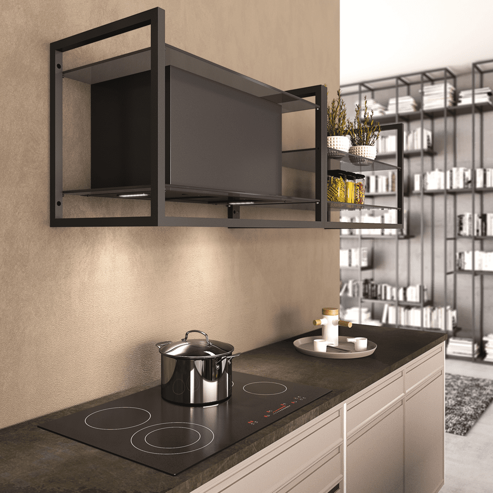 Lifestyle image of a Miro Utopia Lifestyle chimney hood, positioned above an induction hob in a neutral coloured kitchen.
