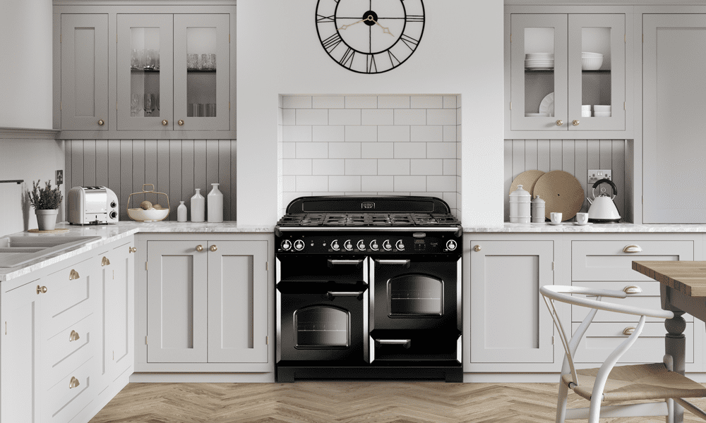Rangemaster Classic Deluxe in black in a white and grey shaker style kitchen.