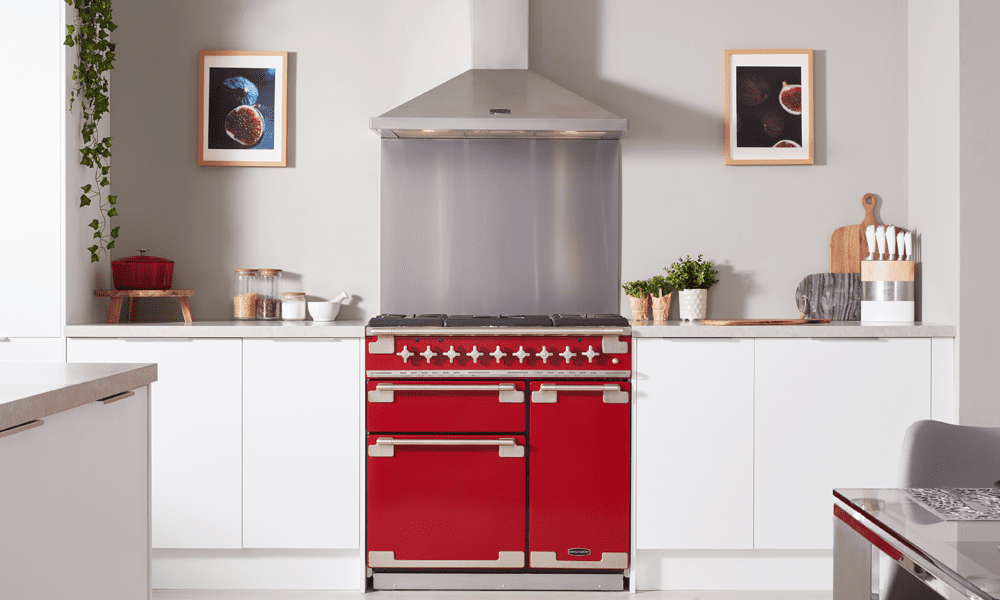 Rangemaster Elise range cooker in Cherry Red in a white, modern kitchen