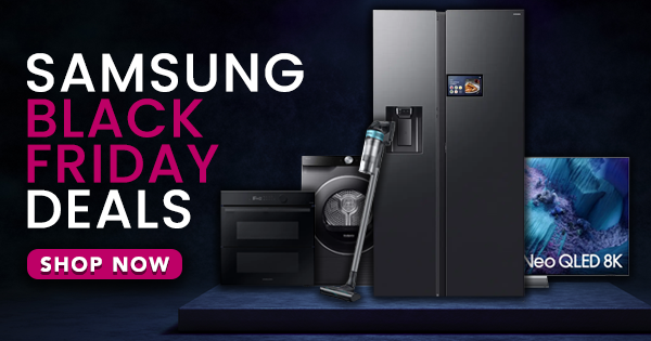 Dark image of multiple Samsung appliances with text that says 'Samsung Black Friday Deals - Shop Now'