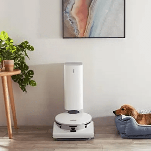 Image of a Samsung robot vacuum cleaner on its charging station sat alongside a dog in a dog bed.