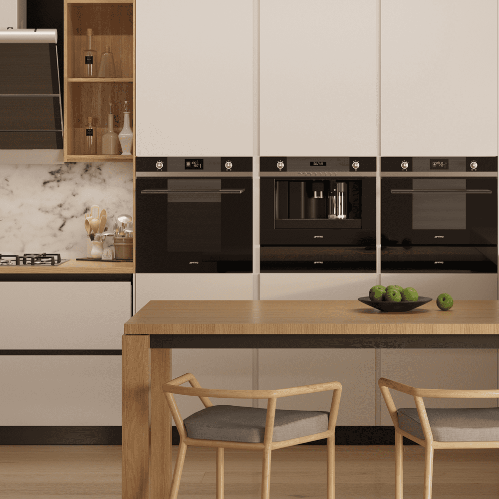 Lifestyle image of a cream handle-less kitchen featuring built in Smeg cooking appliances