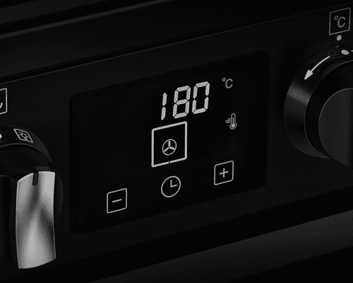 Close up of the control panel on a Stoves range cooker finished in black.