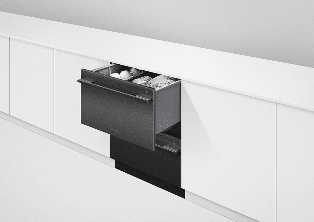 Image of a black Fisher & Paykel double dishdrawer. Featured in a white kitchen, the top DishDrawer is open to show clean dishes inside